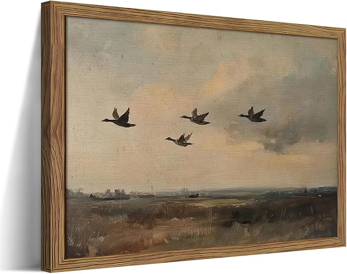Framed Flying Ducks Canvas Wall Art, Rustic Countryside Landscape Painting, Vintage Birds Poster Print, Modern Farmhouse Ducks Wall Decor for Living Room Bedroom – 12x16 inch