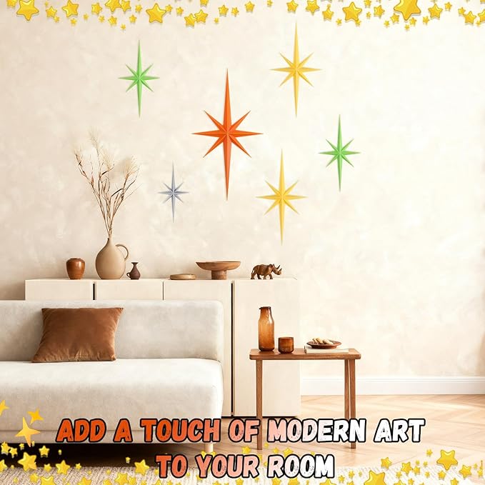 Mid Century Modern Wall Deco,6 Pcs 3D Retro Starburst Art Wall Sculpture, 8 Pointed Atomic Stars Whimsigoth Home Decor Vintage Wall Decor