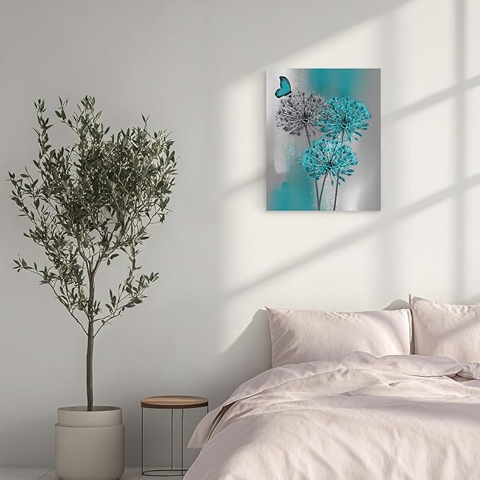 LB Teal Dandelion Canvas Wall Art Teal Grey Dandelion with Butterfly on Modern Abstract Wall Art Aesthetic Wall Decor for Living Room Bedroom Bathroom Office, Framed Ready to Hang 16Lx12W