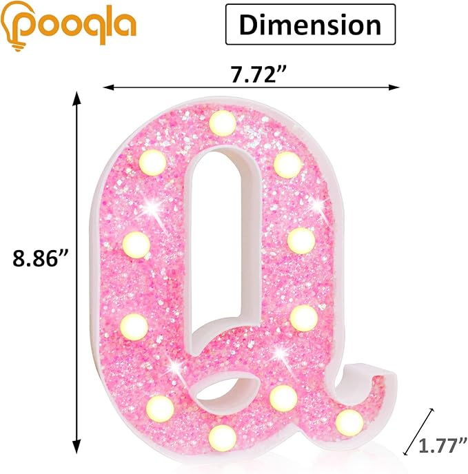 Pooqla LED Marquee Letter Lights, Pink Glitter Light Up Letters Alphabet Sign Battery Powered Night Light, Birthday Party Wedding Girls Gifts, Christmas Room Dorm Bedroom Decoration, Pink Letter Q