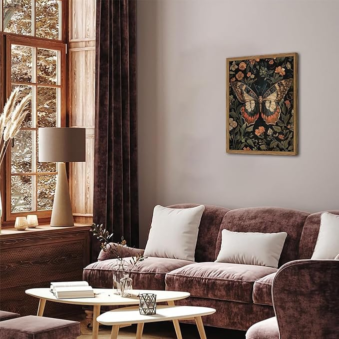 Framed Vintage Butterfly Wall Art, Dark Academia Flowers Insect Pictures Wall Decor Paintings, 3D Textured Sandstone Nature Botanical Prints for Living Room Bedroom Office Home Decor 16x24 inch