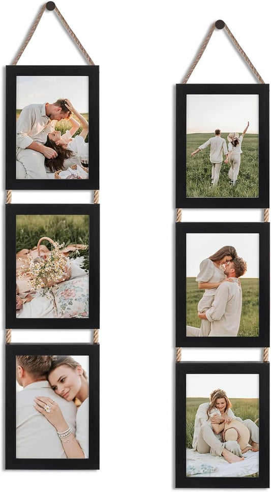 QUTREY 5x7 Collage Picture Frames Black, 6 Openings Vertical Hanging Photo Frame Set Display 5 by 7 inch Pictures for Wall Decor, 2 Pack