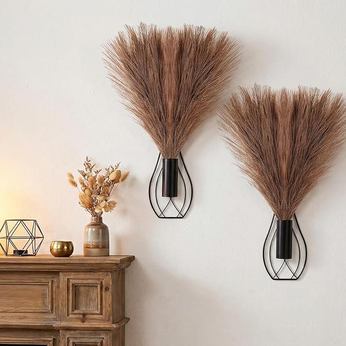 Otoolling 2 Pieces Hanging Plant Wall Decor with Artificial Pampas Grass Metal Hanging Vase Modern Geometric Farmhouse Bohemian Wall Art for Living Room Bedroom Kitchen Bathroom Office(Black, Brown)
