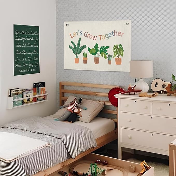 Plant Classroom Decor, Back to School Decorations, Positive Affirmations Green Wall Decor Canvas Banner, Lets Grow Together Nature Education Wall Art