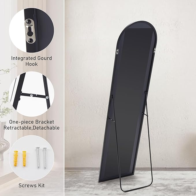 DUMOS Arched Full Length Mirror with Stand Floor Standing Aluminum Frame for Bedroom Body Hanging Leaning Modern Simple Home Decor Shatter-Proorf Nano Glass Wall Cloakroom Natural Black 59"x16"