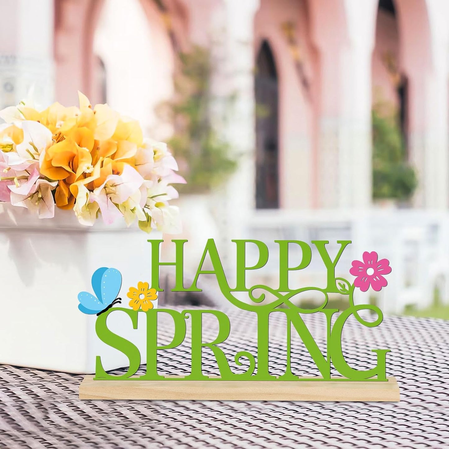 COCHIE Metal Happy Spring Sign, Spring Decorations for Home, Office, Shelf, Mantel, Indoor, Spring Flower Decor, Spring Butterfly Table Top Party Decoration (Spring)