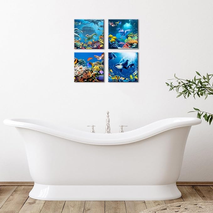 Beach Wall Art Bathroom Decor Ocean Animals Canvas Prints Sea Turtle Dolphin Picture for Living Room Kids Bedroom Colorful Coastal Seascape Artwork Nautical Theme Painting Home Decorations 16x16” 4Pcs