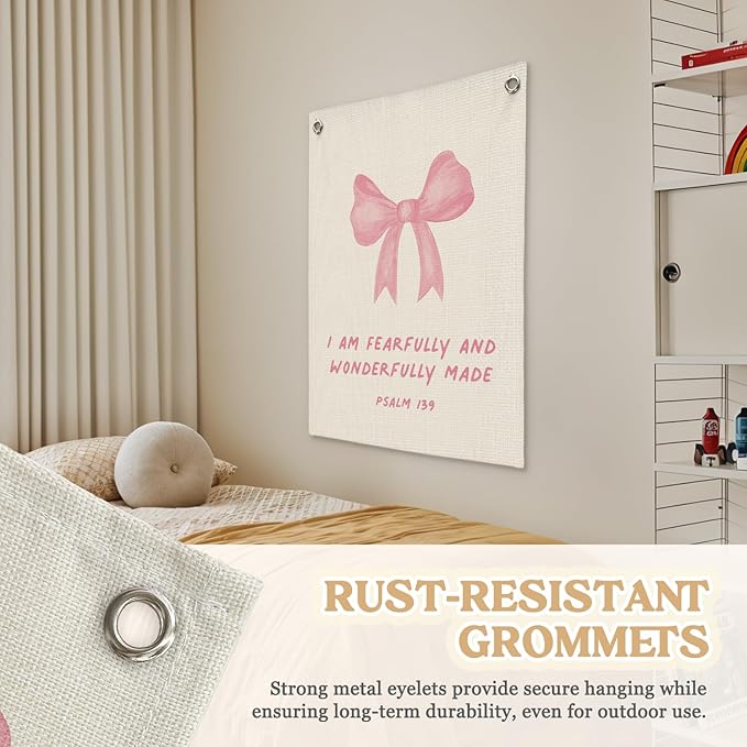 Bible Verses Wall Decor,Pink Coquette Bow Linen Canvas Banner,Christian Wall Art I Am Fearfully And Wonderfully Made Wall Hanging Flag for Kids Girl Bedroom Living Room Dorm 18x25 Inch