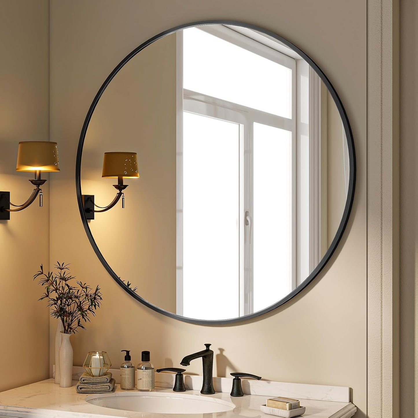 BEAUTYPEAK 40 Inch Round Mirror, Metal Frame Circle Mirror, Wall Mounted for Entryway, Bathroom, Vanity, Living Room, Black