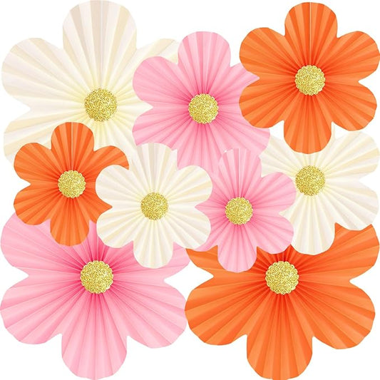 Pink and Orange Party Decorations Pink Paper Flowers Decorations for Wall 9pcs with 9 Gold Glitter Floral Centers Paper Fans Floral Backdrop Flower Wall Decor for Birthday Classroom Baby Shower, Guide