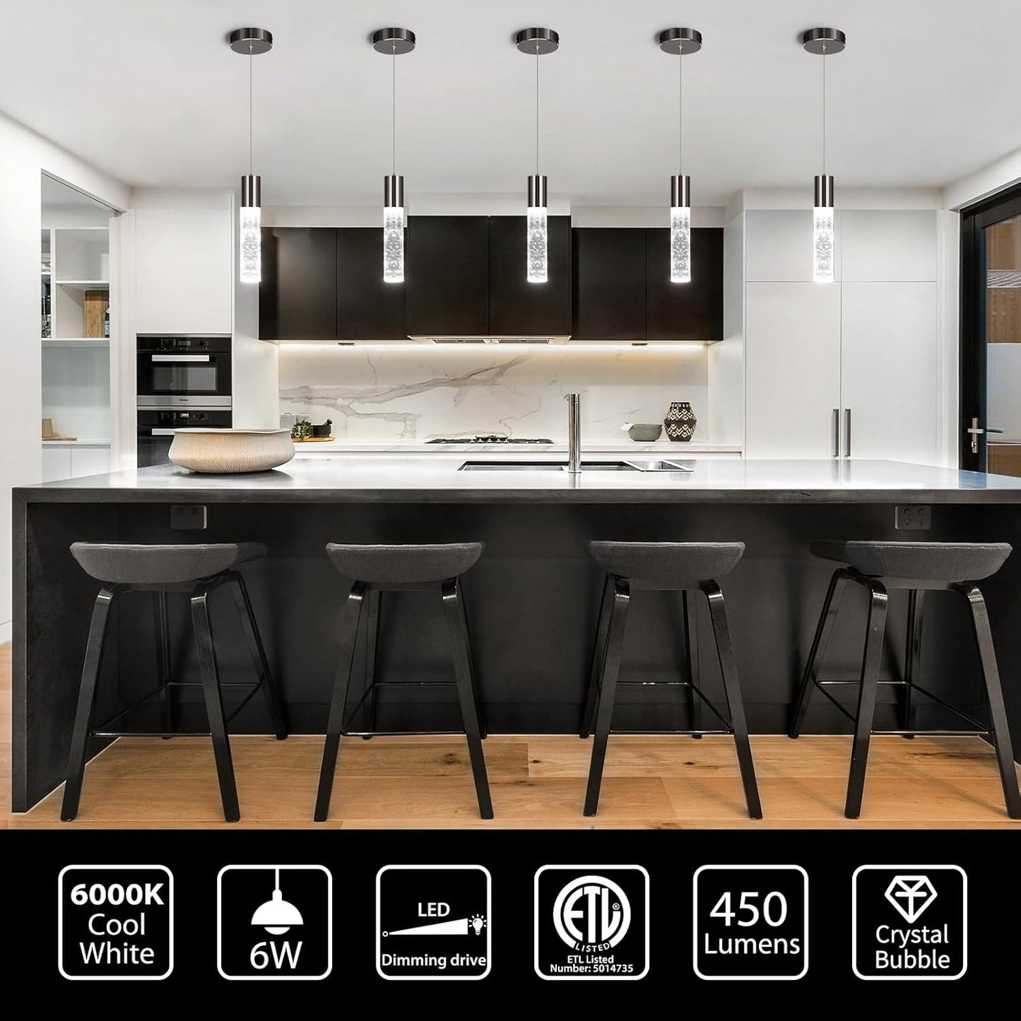 OKELI Modern Pendant Lights, LED Bubble Crystal Kitchen Island Lights Fixtures, Black Mini Single Pendant Lighting for Kitchen Island Bar,6W,6000K, ETL,3Pack