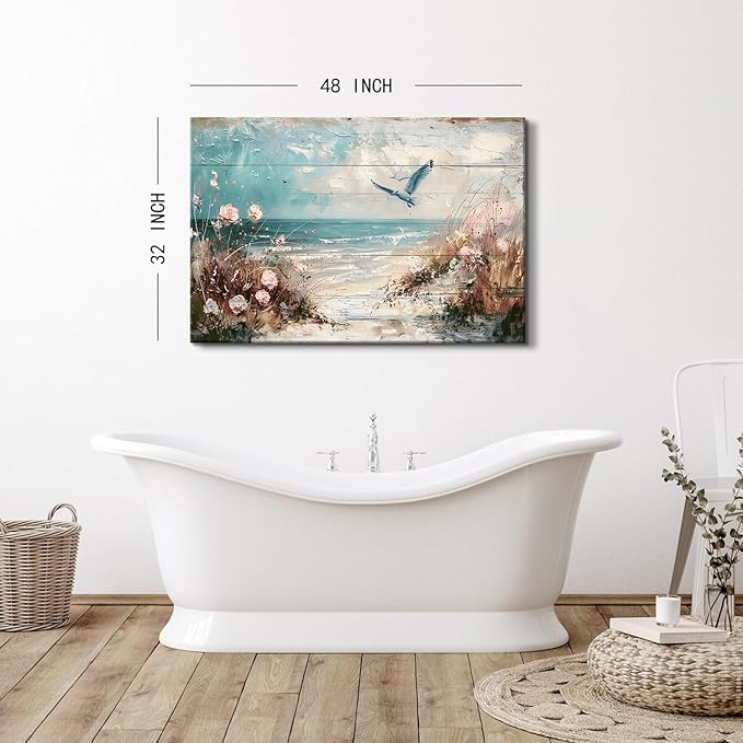 Large Ocean Beach Wall Art Seagull Wall Decor Coastal Picture Canvas Prints Nautical Painting Watercolor Seabird Beach Poster Vintage Seascape Artwork for Kitchen Living Room Home Decoration 32x48"