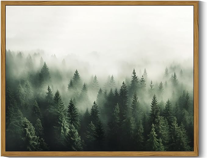 SHENIFY Green Fog Pine Tree Forest Vintage Framed Wall Art Modern Landscape Scenery Farmhouse Artwork Prints Decor for Kitchen Living Room Bedroom Bathroom - 11x14in Natural Framed