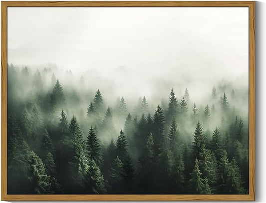 SHENIFY Green Fog Pine Tree Forest Vintage Framed Wall Art Modern Landscape Scenery Farmhouse Artwork Prints Decor for Kitchen Living Room Bedroom Bathroom - 11x14in Natural Framed