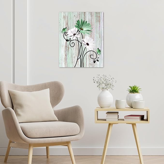 HVEST Green Floral Wall Art Rustic Farmhouse Daisy Flower and Butterfly Wall Art for Living Room, Vintage Canvas Print Artwork for Bathroom Bedroom Home Kitchen Office, 20L x 16W Inches