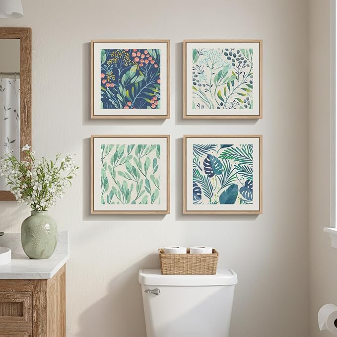 Framed Green Botanical Wall Art Set of 4, Pastel Green Leaf Canvas Wall Art Prints, Square Modern Plant Illustration Wall Decor for Dining Room Bedroom Bathroom, 12x12 Inches