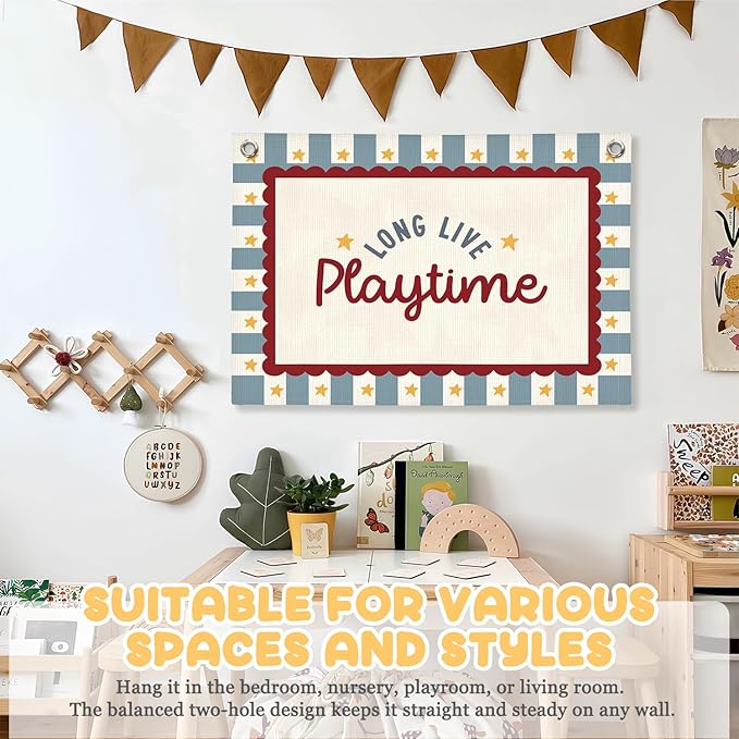 Playroom Wall Decor, Long Live Playtime Linen Canvas Banner,Toddler Playroom Decor Kids Room Nursery with Star Pattern Wall Decor for Toddler Boys Toy Room Bedroom,30x20 Inch