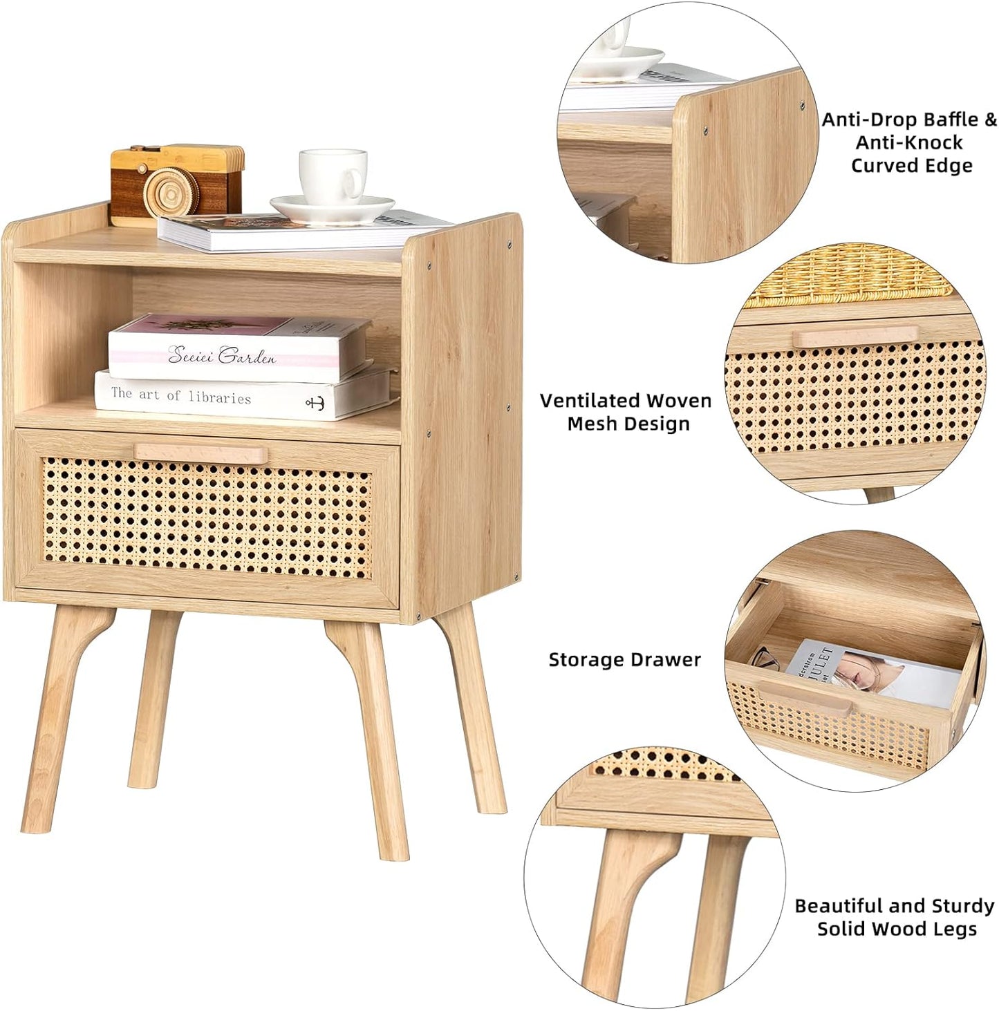 Lerliuo Rattan Nightstands Set of 2, Boho Side Table with Drawer Open Shelf, Cane Accent Bedside End Table with Solid Wood Legs for Bedroom, Dorm and Small Spaces (Natural)