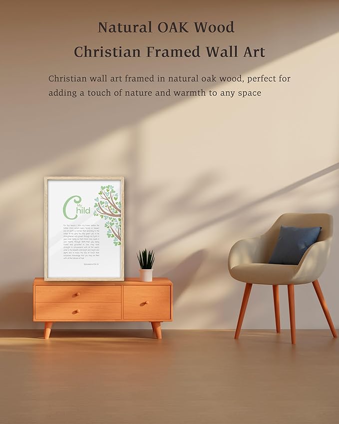 KensTro Natural OAK Wood Nursery Decor Framed Wall Art, 12x16 in Inspirational Christian Bible Verse Wall Art,My Child Prayer Ephesians 3:14-19 Print for Boys Girls Playroom Bedroom Decor Set of 1