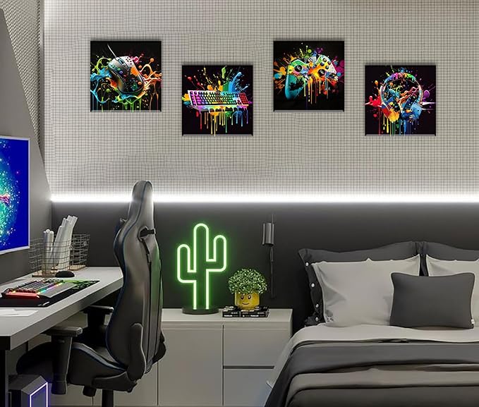 Gamer Room Decor for Boys - Game Wall Art Graffiti Gamepad Earphone Canvas Print Pictures Cool Video Gaming Poster Street Pop Men Cave Teen Bedroom Dorm Playroom Home Artwork Framed 12"X12"X4 Panels