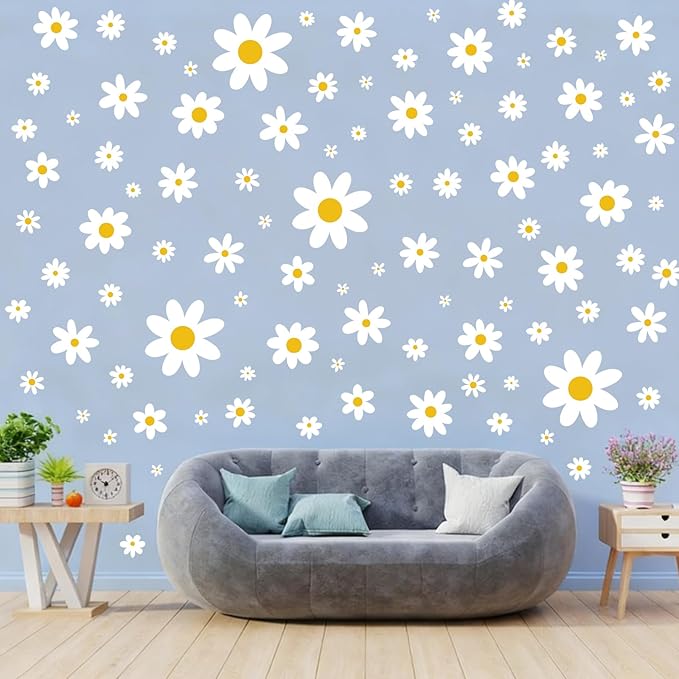 Daisy Wall Decal, 8 Sheets 96Pcs Daisy Flower Wall Stickers Peel and Stick White Flower Decals for Nursery Bedroom Home Wall Art Decorations