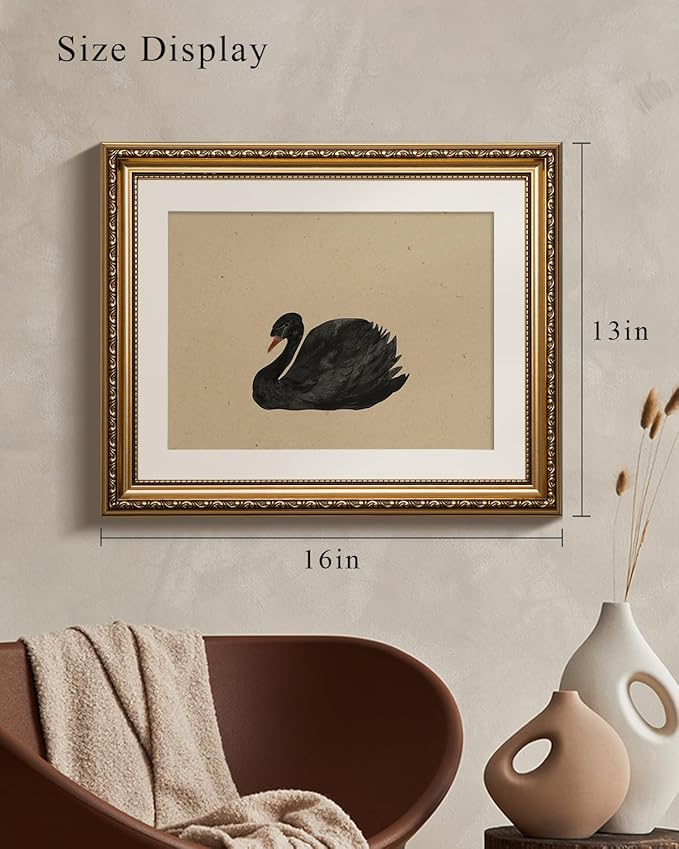 VIYYIEA Gold Framed Black Swan Vintage Canvas Wall Art, Elegant Wildlife Decor for Living Room or Office | Lightweight No Glass Design, Zero-Glare Textured Finish | 13x16 Inch