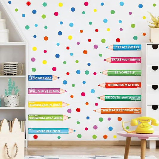 Inspirational Wall Decals, Multicolor Pencils Polka Dots Wall Stickers, Peel and Stick Motivational You Can Do It Wall Decor for Playroom Classroom Nursery Preschool Decoration