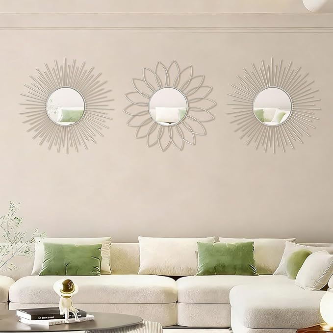 3 Pack Metal Mirrors for Wall Sunburst Wall Mirrors Home Décor Decorative Hanging Wall Art for Living Room Bedroom Entryway (White, Flower+Sunburst)