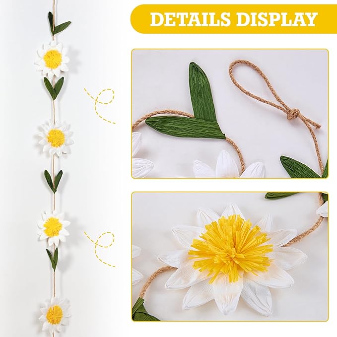 Daisy Paper Garland Boho Daisy Flower Banner Spring Hanging Garland Floral Party Banner Paper Flower Strings for 1st Birthday Baby Shower Nursery Party Supplies