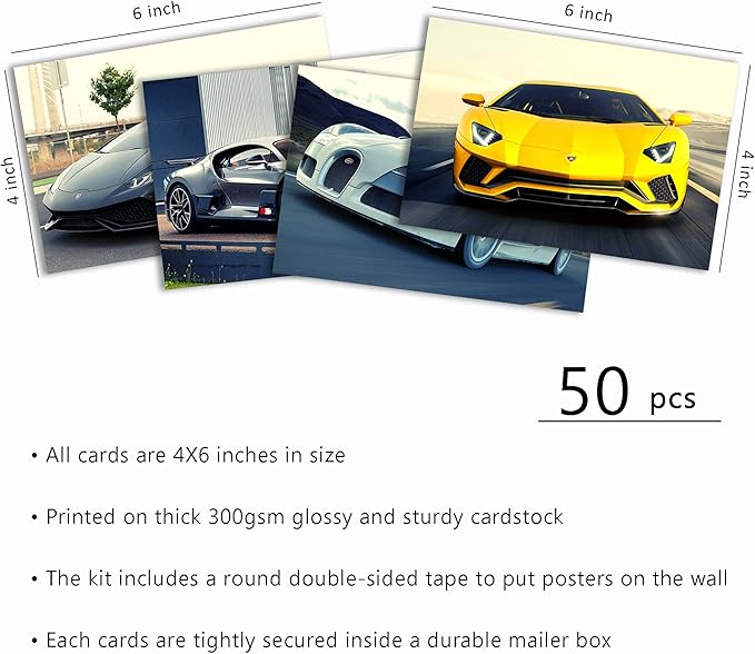Car Posters for Boys Room, Super Car Wall Collage Kit for Wall Art Prints, Sports Car Pictures Dorm Room Decor for Teen Boys (50pcs 4x6 inch)