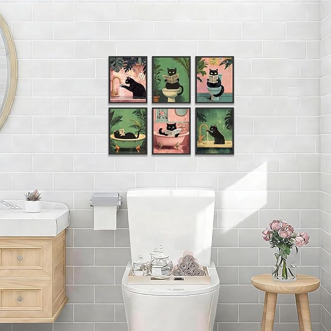 KBKBART Funny Cat Bathroom Wall Art Prints Poster, Black Cat Pictures Bathroom Canvas Wall Decor Toilet Art Vintage Painting Artwork Set of 6 Unframed Posters, 8x10 inches
