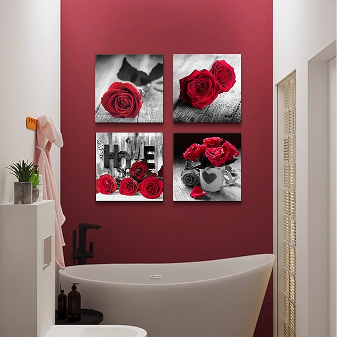 Red Rose Posters for Living Room Red and Black Wall Art Flower Painting Bedroom Wall Decor Romantic Floral Canvas Painting Bathroom Pictures Modern Kitchen Accessories Home Decoration 20x20" 4 Pcs/Set