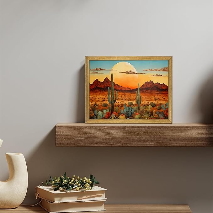 Framed Western Desert Sunset Cactus Wall Art, Vintage Southwest Nature Landscape Canvas Print, Rustic Wall Decor Picture, Boho Mexican Oil Painting for Living Room Bedroom Office bathroom 12x16 Inch