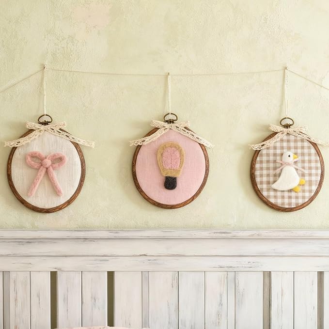 Soulchen 3 Pcs Felted Nursery Wall Decor with Goose Bow Hot Air Balloon 5 x 6 Inch Cute Animal Wall Art Vintage Decorative Artwork for Nursery Bathroom Living Room Baby Room Bedroom Farmhouse Decor