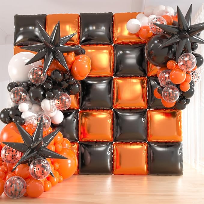 25pcs Black and Orange Foil Square Balloon Backdrop Wall &149pcs Black Orange White Balloons Arch, Double Sided Balloon Tunnel for Graduation, Birthday, Halloween Party Decor