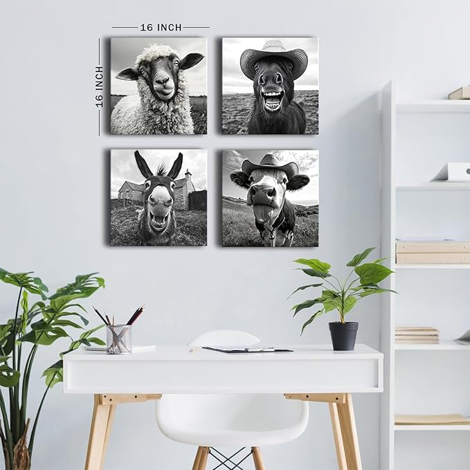 Farmhouse Animal Wall Art Funny Cow Wall Decor Black and White Prints Horse Pictures Cowboy Posters Canvas Prints Humor Animals Paintings Country Artwork for Kitchen Living Room Home Decoration 16x16”