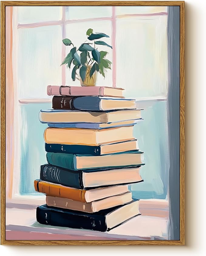 Back to School Wall Art Green Potted Plant on Vintage Book Stack 12x16 Framed, Study Room College Dorm Classroom Educational Canvas Print, Library Bookish Aesthetic Cozy Reading Corner Decor