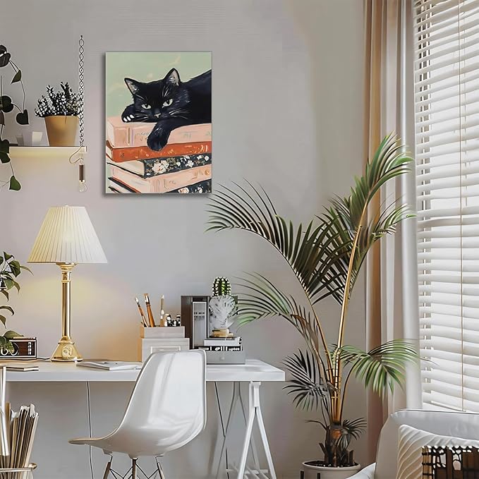 Framed Black Cat Canvas Wall Art, Funny Cat lying on a pile of books Painting, Abstract Animal Posters Prints Wall Decor for Living Room Bathroom Gallery Dining Room Decor 12x16 inch