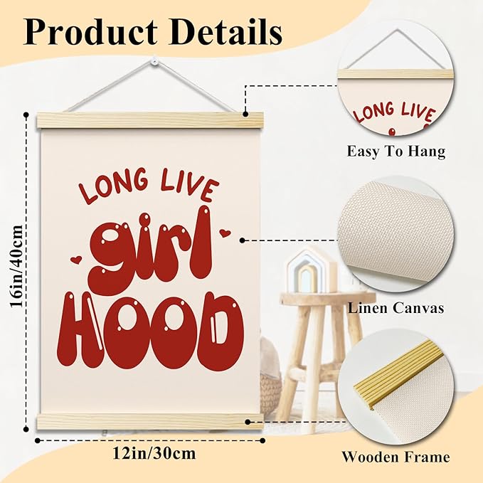 Long Live Girlhood Posters Hanger Frame for Girls Room Red Hanging Poster for Bedroom Kids Room Classroom Decor Cute Wall Art Decor for Nursery Playroom Canvas Wall Art Print 16x12 Inches - YY066