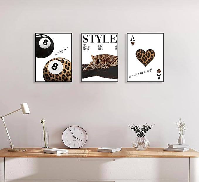 3Pcs Fashion Leopard Print Canvas Wall Art Cheetah Paintings Wall Decor Stylish Lucky 8 Ball Posters Prints College Style Room Aesthetic Pictures for Girls Bedroom Apartment Dorm Decoration Unframed