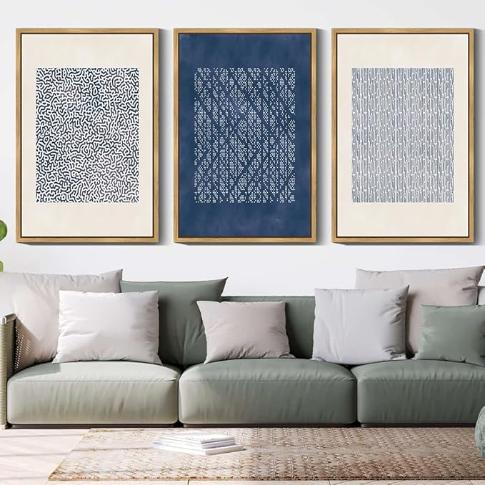 Drsoum Blue Mid-Century Modern Framed Wall Art Large 24x36in Minimalist Abstract Boho Wall Decor Geometric Artwork Kitchen Dining Room Black Framed