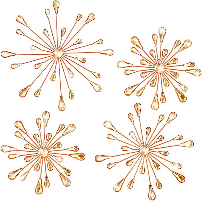 Hicarer 4 Pcs Starburst Wall Decor Bling Wall Art Crystal Teardrop 3D Hanging Rhinestone Radial Metal Artwork Modern Accent Sculptures Decorations for Living Room Home Office Bedroom(Orange)