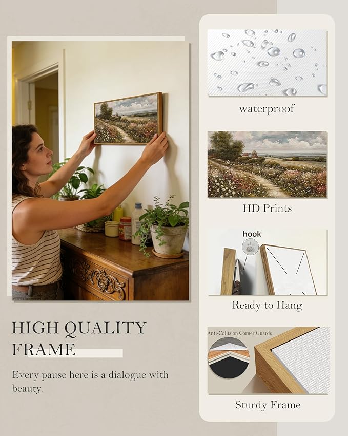SHENIFY Vintage Landscape Framed Wall Art Rustic Countryside Wildflower Field Farmhouse Decor Retro Meadow with Flowers Painting for Kitchen Bedroom Living Room Bathroom - 8x16in Natural Framed