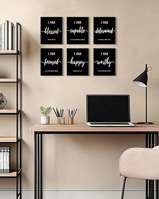 KUVIOKE Inspirational Wall Decor Motivational Quotes Framed Wall Art Encouraging Office Affirmations Sayings for Kids Classroom Bedroom Living Room Ready to Hang Set of 6, 8x10in (Black Framed)