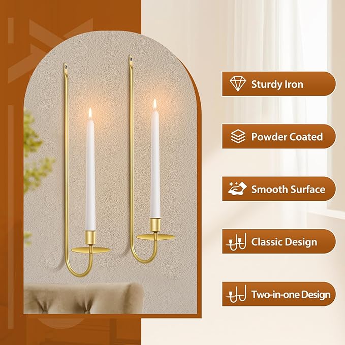 Candle Sconces Set of 2, 16.5 Inch Taper & Pillar Wall Candle Holder, Gold Wall Sconces Set of Two, Decor for Entryway, Stair Corner, Living Room, Gifts for Men Women Mom or Dad