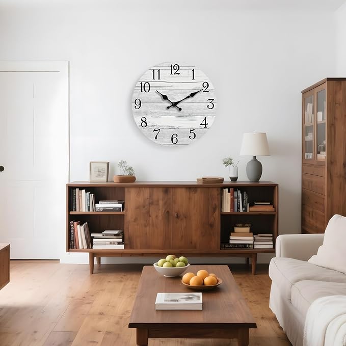 Wall Clock Battery Operated 16 Inch Large Gray Silent Non Ticking Country Rustic Design Vintage Retro Decorative for Bathroom Kitchen Bedroom