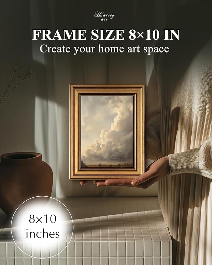 HUARCEY Gold Framed Canvas Wall Art, Cloud Picture Decor, Bedroom Living Room Sky Landscape Nature Decor, Rustic Vintage Neutral Canvas Paintings, 8x10inch