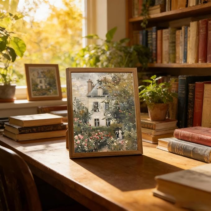 Framed VintageCanvas Floral Cottagecore Wall Art, Neutral Rose Garden Oil Paintings Print English Country Floral Farmhouse Wal Decor for Living Room Bedroom Country Home 8x10 inch