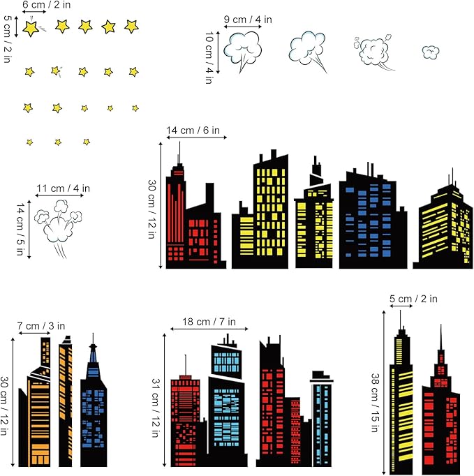 decalmile Colorful City Skyline Wall Decals Hero City Building Stars Wall Stickers Bedroom Playroom Toddler Room Wall Decor