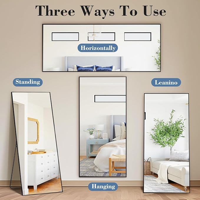 DUMOS Full Length Mirror with Stand, 65"x24" Floor Mirror with Aluminum Alloy Frame for Bedroom, Standing Full Body Mirror with Shatter-proorf Nano Glass for Wall, Living Room, Cloakroom, Black